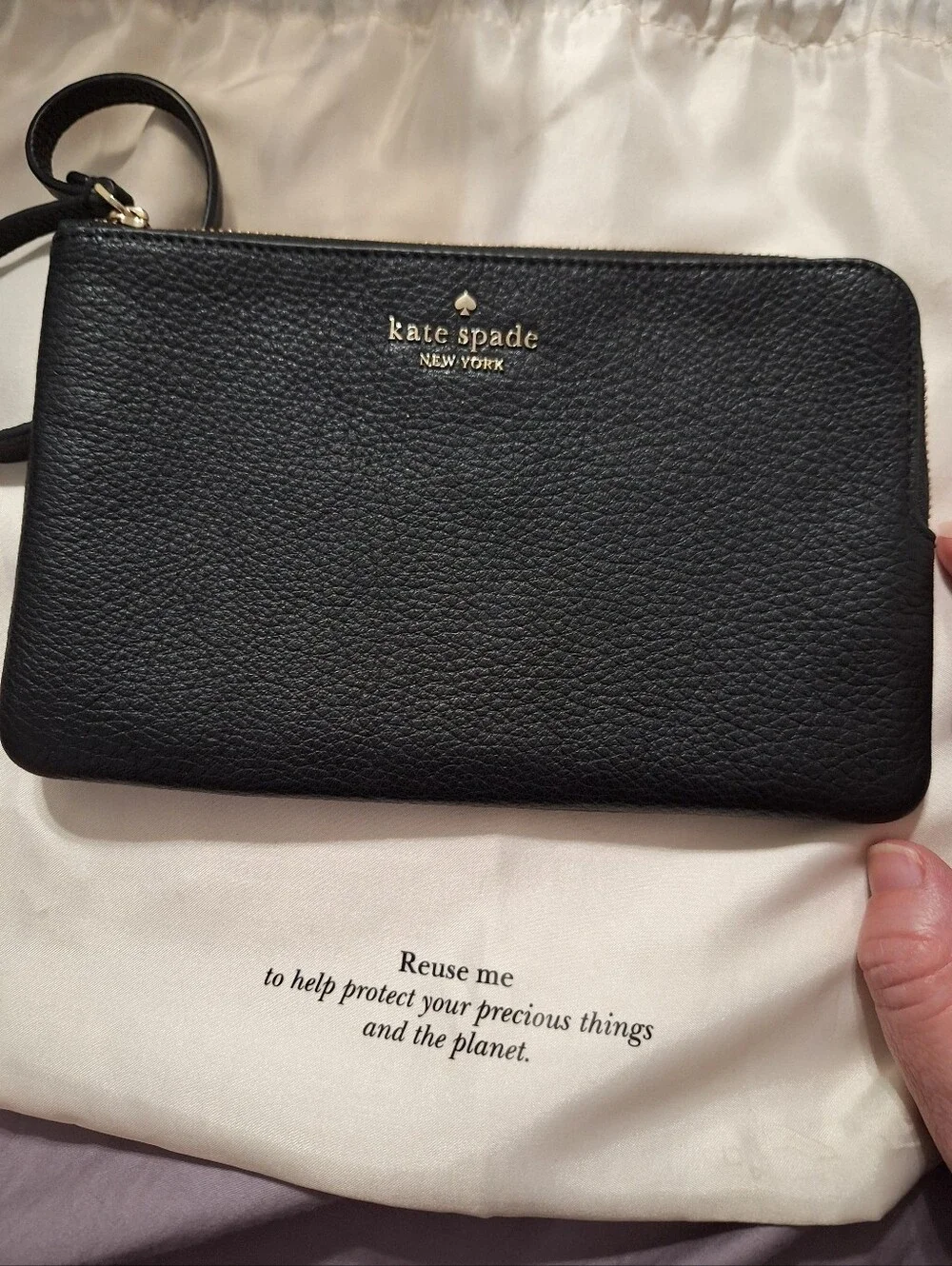 kate spade Black Pebbled Leather Wristlet Clutch with Gold Logo